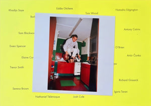 Yellow A5 card with Artist names scattered across it. A detachable photograph in the middle of an artist jumping in the kitchen